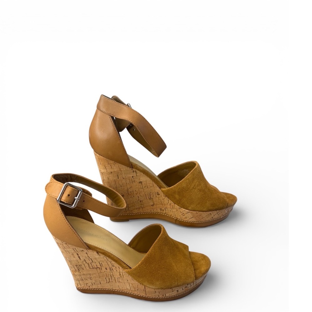 Marc Fisher Hillory Tan Suede Cork Platform Wedge Sandals Ankle Strap Womens 10M